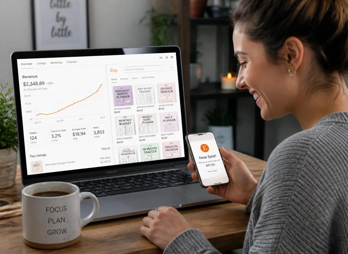 Smiling digital product seller reviewing a rising sales analytics dashboard on a laptop, multiple branded product covers visible in an Etsy shop tab beside the revenue chart