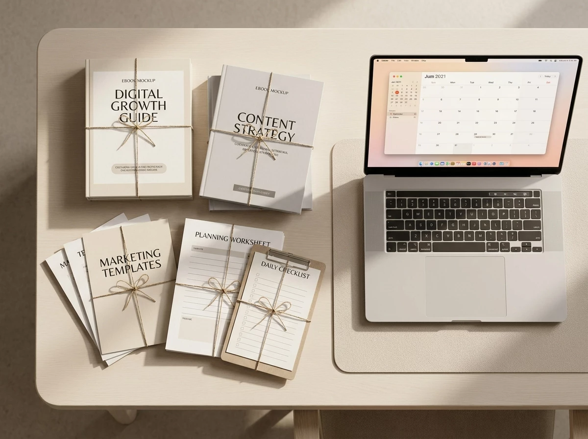 PLR ebook, workbook, checklist and template mockups for evaluating digital product value