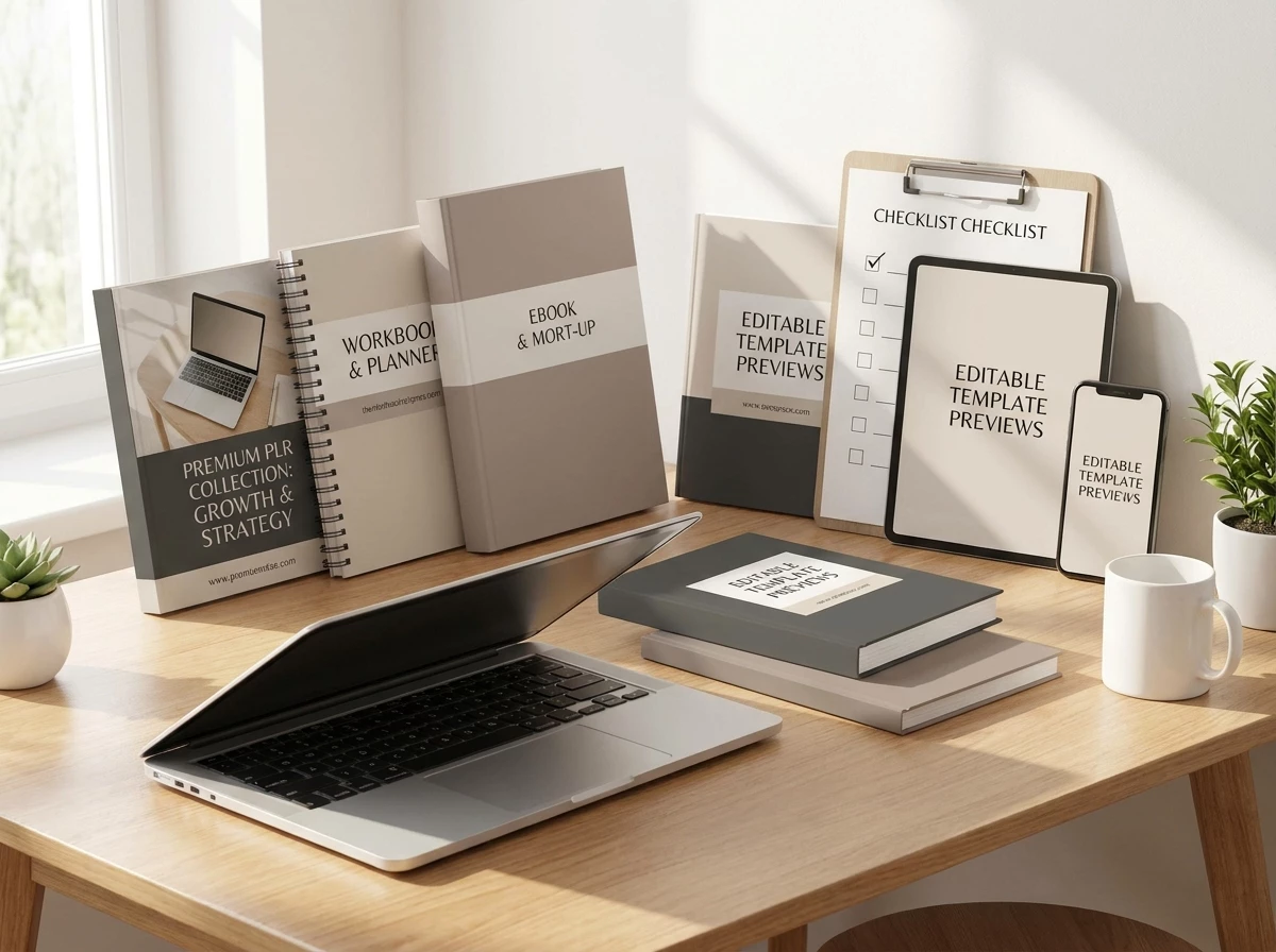 A cohesive PLR digital product bundle with ebooks, worksheets and marketing templates