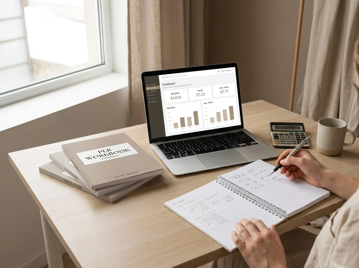 Pricing PLR digital products with a laptop revenue dashboard and ebook mockups