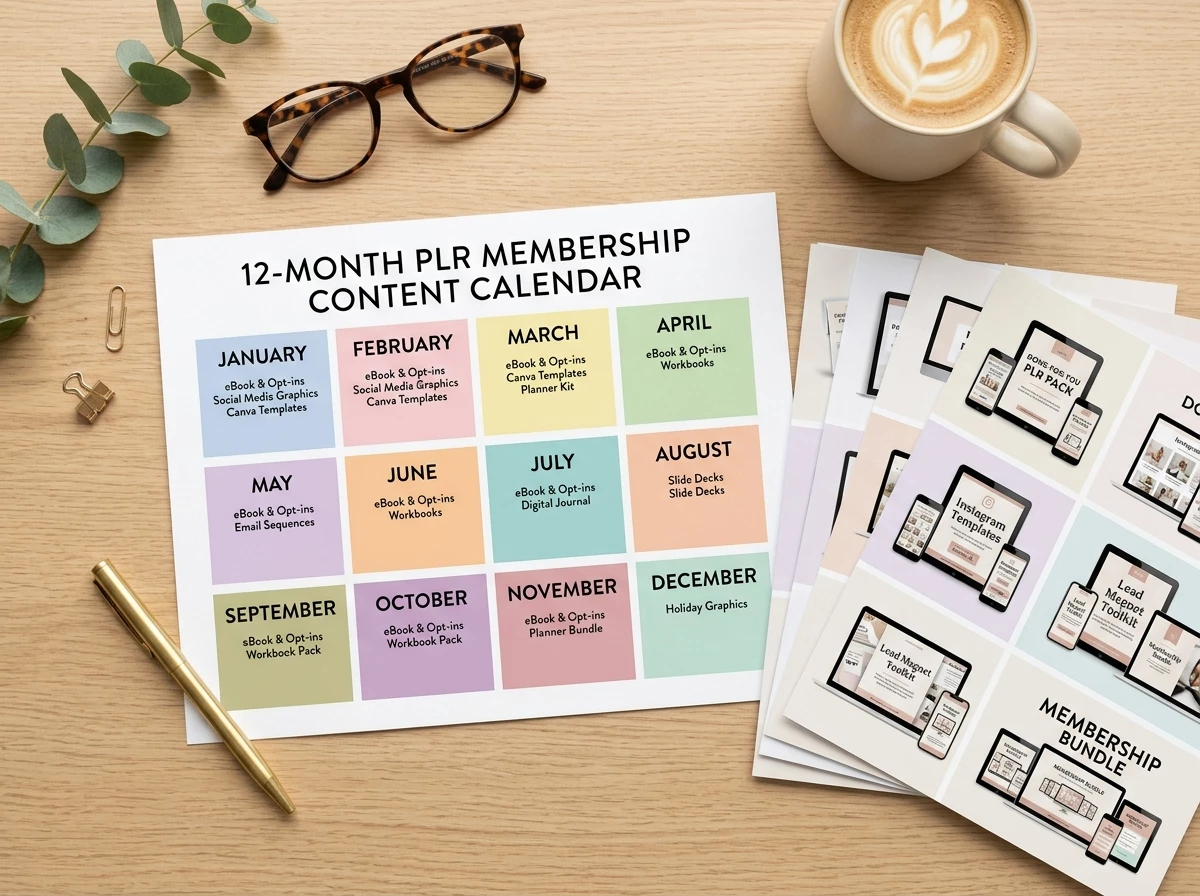 Flat lay overhead shot of a clean desk showing a twelve-month PLR membership content calendar with colour-coded monthly deliveries and a stack of branded digital product mockups fanned out beside it