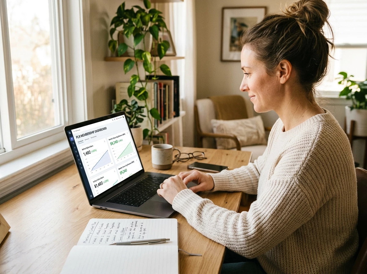 Close-up of a laptop screen showing a membership analytics dashboard with a steadily rising monthly recurring revenue chart and a subscriber retention percentage of eighty-six percent in a green metric card