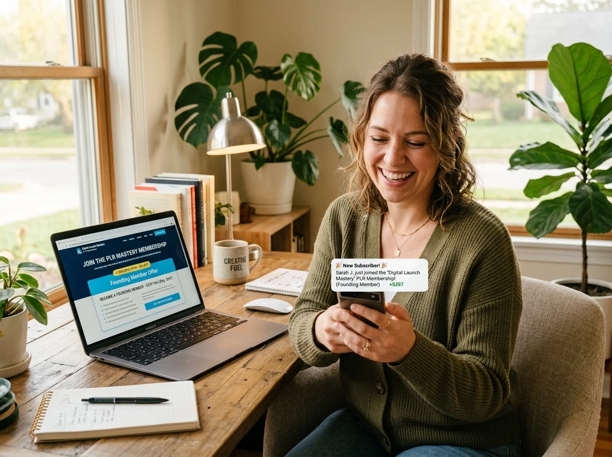 Smiling digital entrepreneur at a home office desk looking at a phone notification showing a new PLR membership subscriber joining, a laptop beside them displaying a membership sales page with a founding member offer highlighted