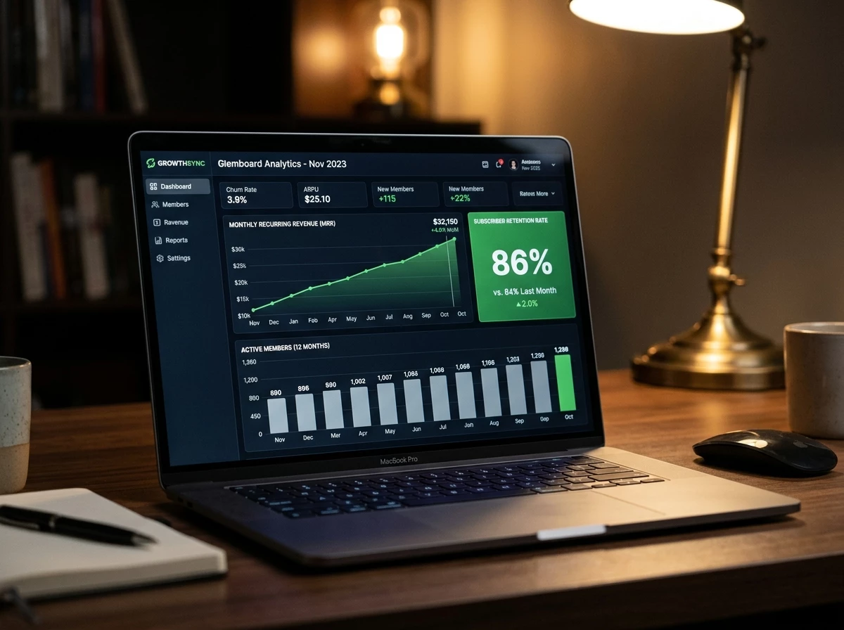 Digital seller at a bright home office desk reviewing a laptop showing a growing PLR membership dashboard with a rising subscriber count and monthly recurring revenue figures