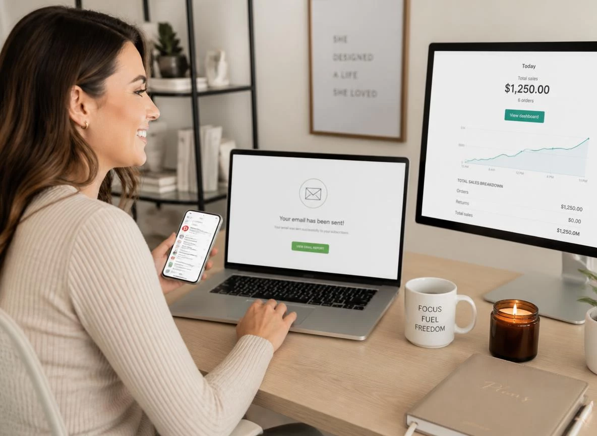 Confident digital product seller at a bright desk launching a new product — a laptop showing an email newsletter being sent, a phone showing Pinterest notifications, and a screen displaying rising early sales