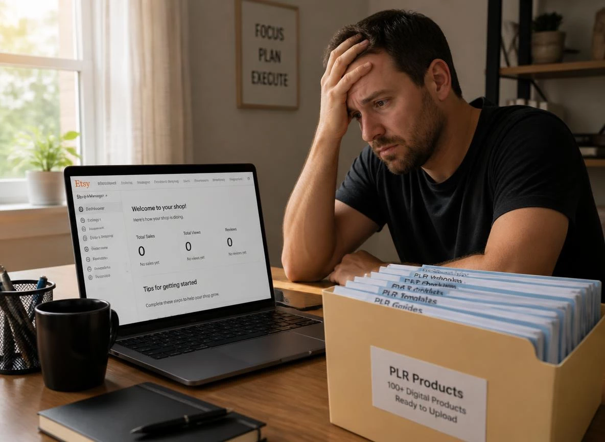 Frustrated PLR seller at a home office desk staring at a laptop showing an empty Etsy shop with zero sales and zero reviews, a stack of untouched digital product files visible on the desktop