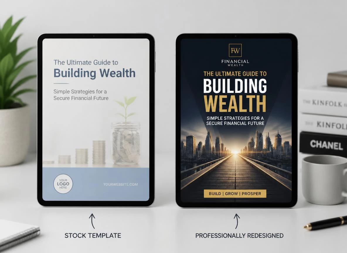Side-by-side comparison on a clean white desk of a bland stock-template digital product cover on the left and a professionally redesigned branded version on the right with bold distinct typography