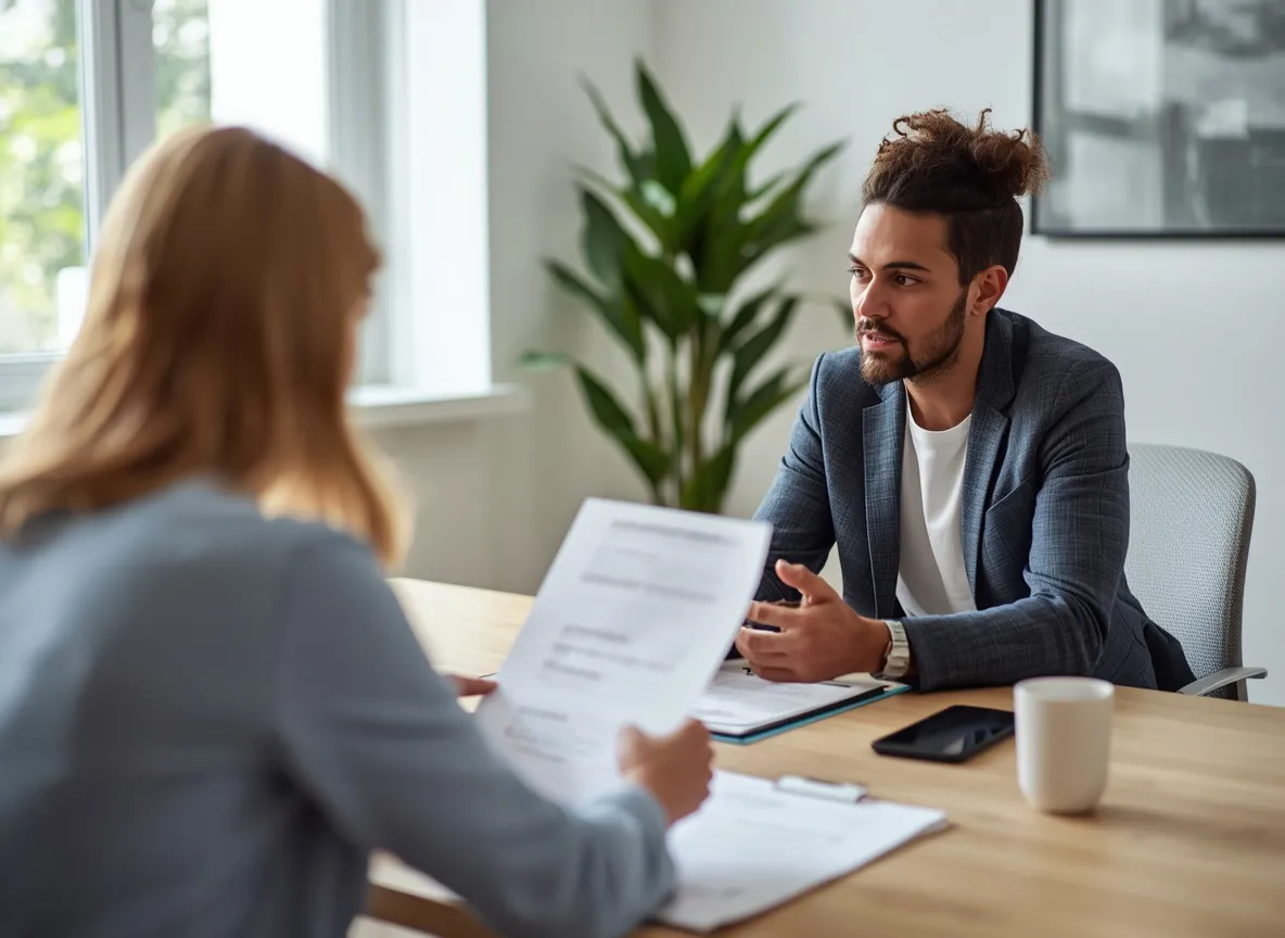 Coach mentoring a client in a bright office representing the coaching and consulting PLR niche