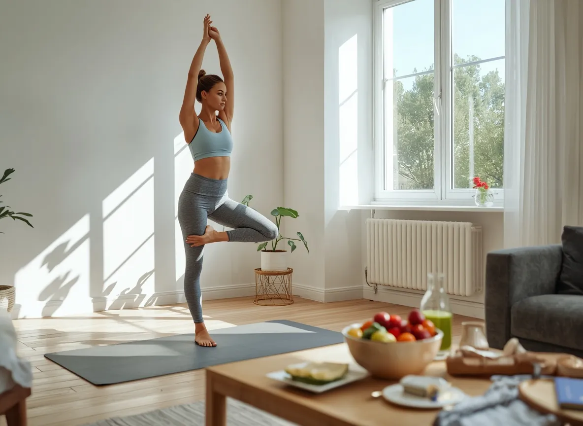 Person doing yoga beside a healthy meal spread representing health and fitness PLR niches