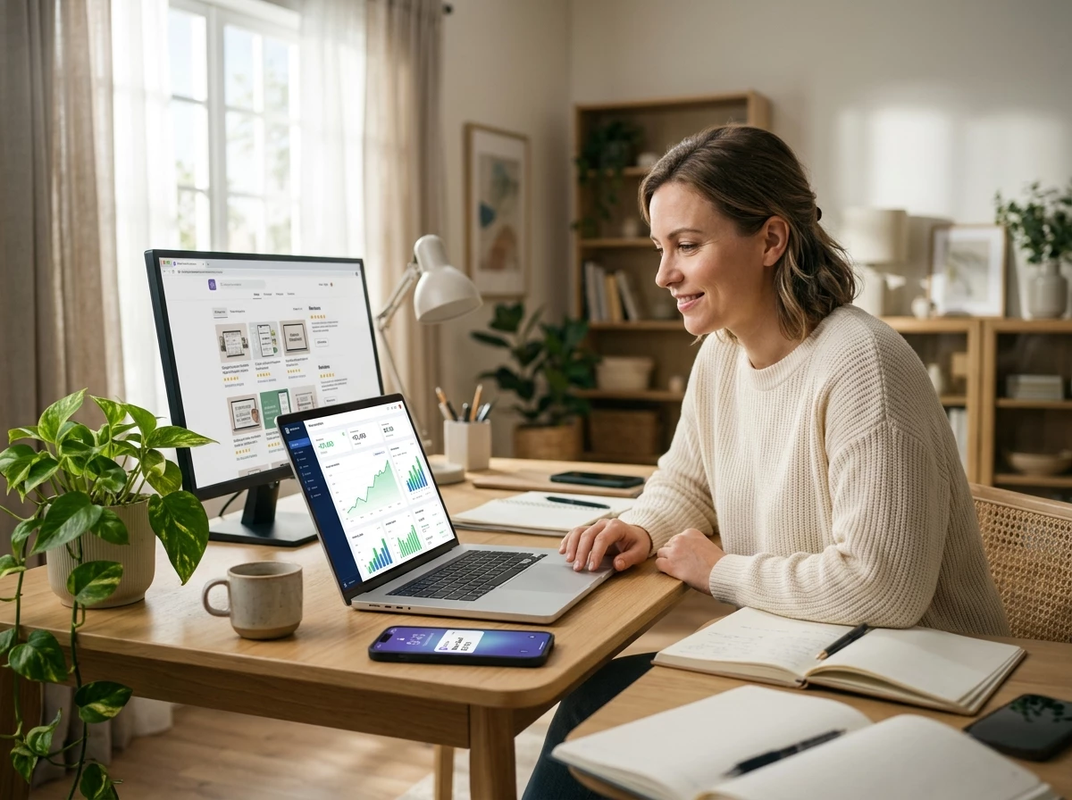 Digital seller at a modern home office desk using a calculator beside a laptop showing a PLR product pricing spreadsheet with margin calculations at three different price points