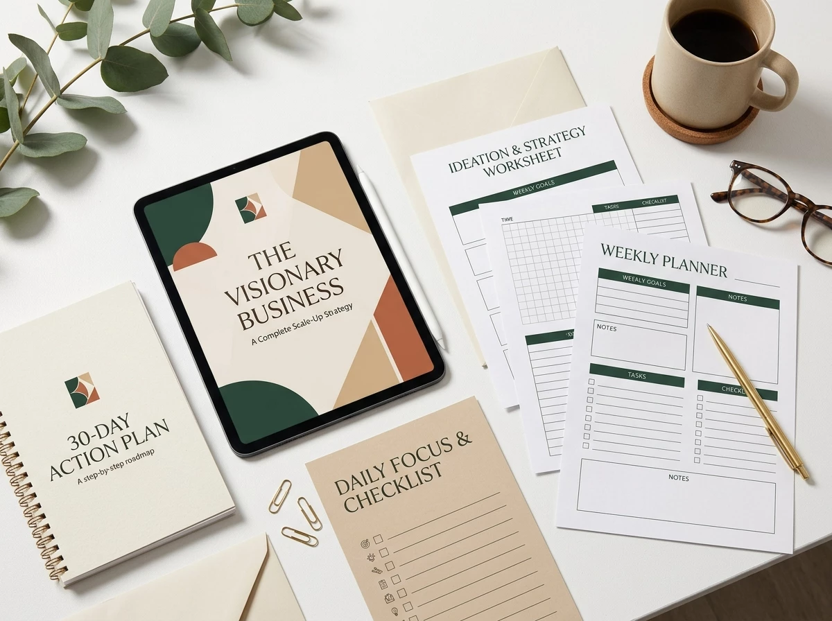 Premium branded digital product system spread across a clean white desk showing a beautifully designed ebook cover, matching worksheet pages, a checklist printout, and a thirty-day action plan booklet in a coordinated brand palette