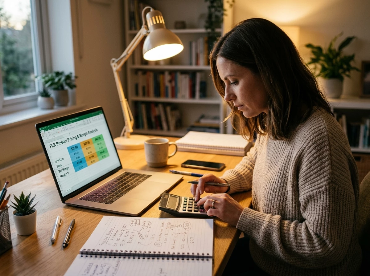 Confident digital product seller reviewing a rising sales analytics dashboard on a laptop at a bright home office desk, a phone showing a ninety-seven-dollar sale notification, a second screen displaying a product shop with five-star reviews