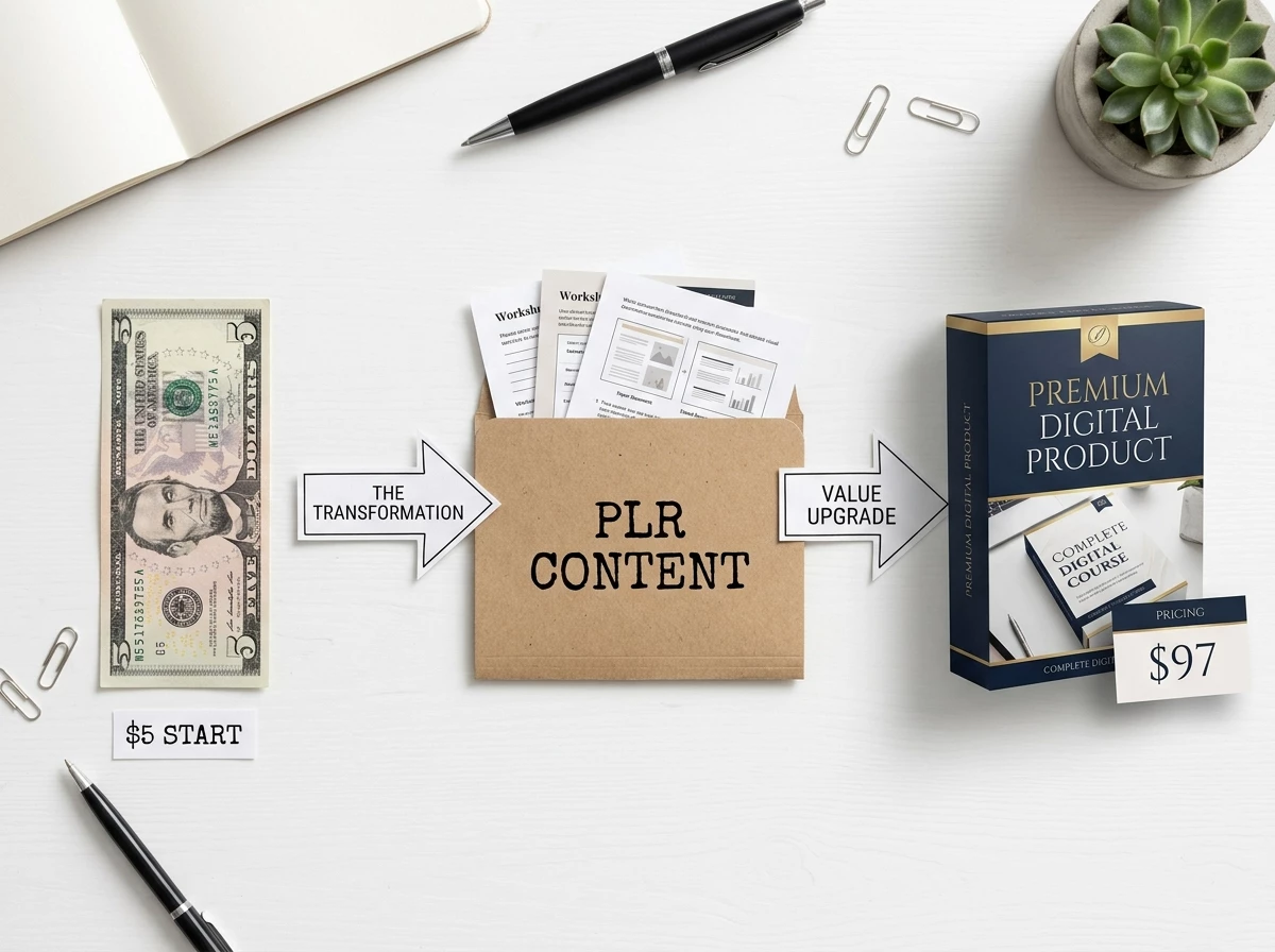 Clean flat lay on a white desk showing a five-dollar bill beside a premium digital product box mockup priced at ninety-seven dollars with a PLR content folder between them