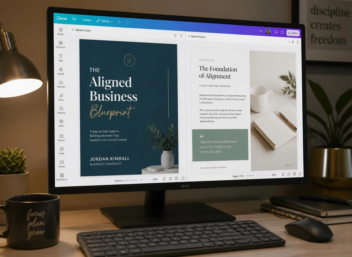 Professional digital product mockup being designed in Canva on a large monitor, a branded ebook cover with custom colors visible, and a second tab showing a styled interior page layout