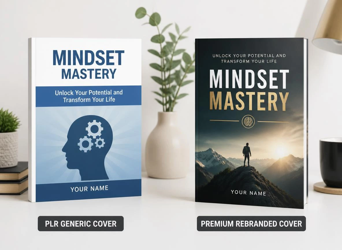 Side-by-side comparison showing a plain generic PLR ebook cover on the left and a beautifully rebranded premium version on the right with custom design and typography