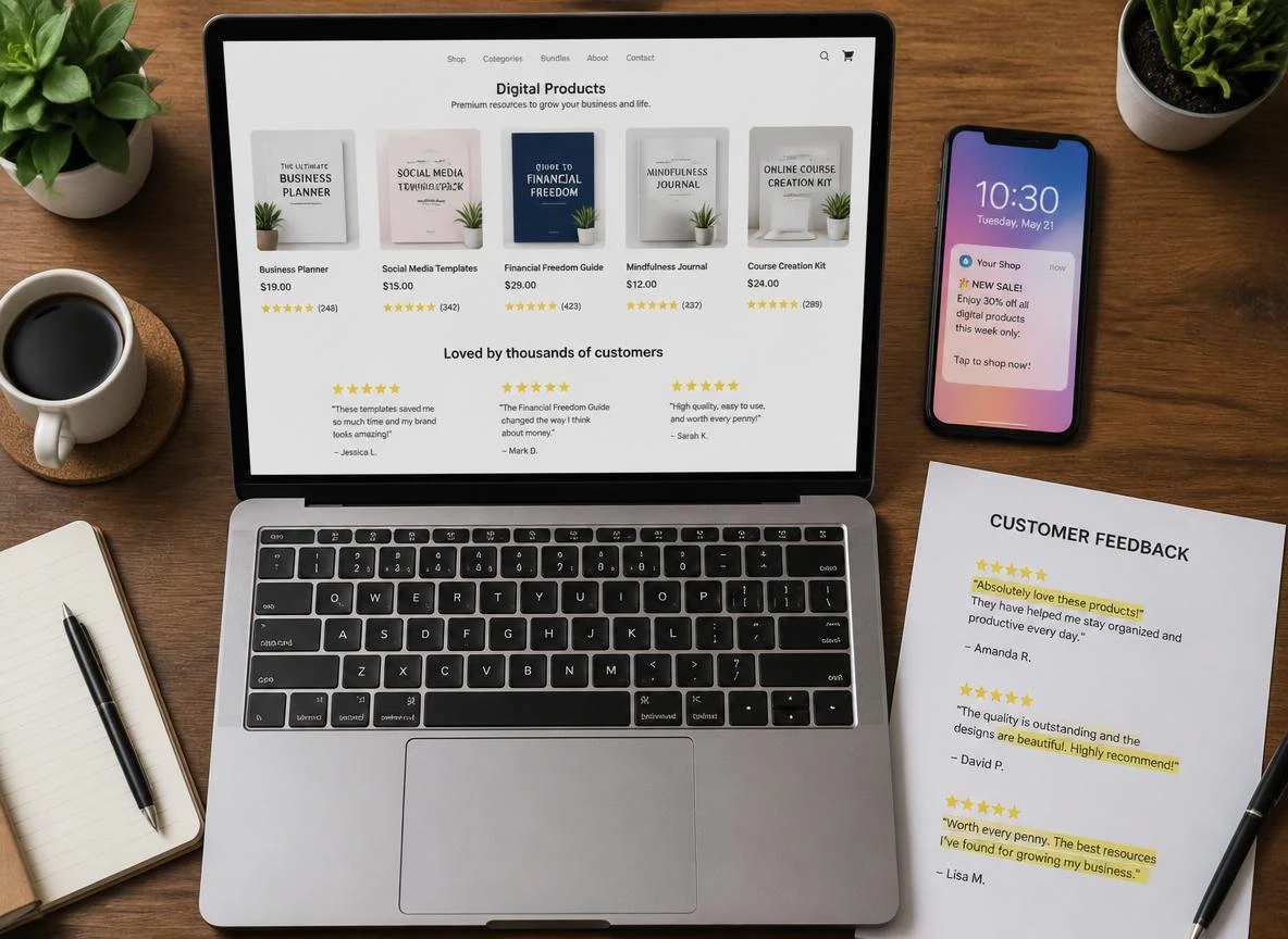 Top-down flat lay of a wooden desk with a laptop showing a digital product shop with five-star reviews and testimonials, a smartphone showing a new sale notification