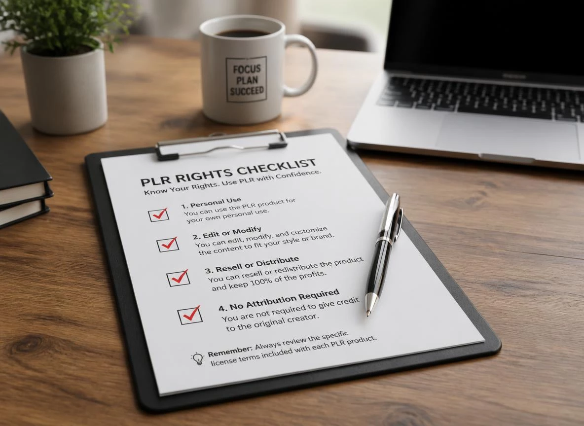Clean minimal desk with a printed PLR rights comparison checklist on a clipboard, four checkboxes with green and red markers, a pen resting across the page