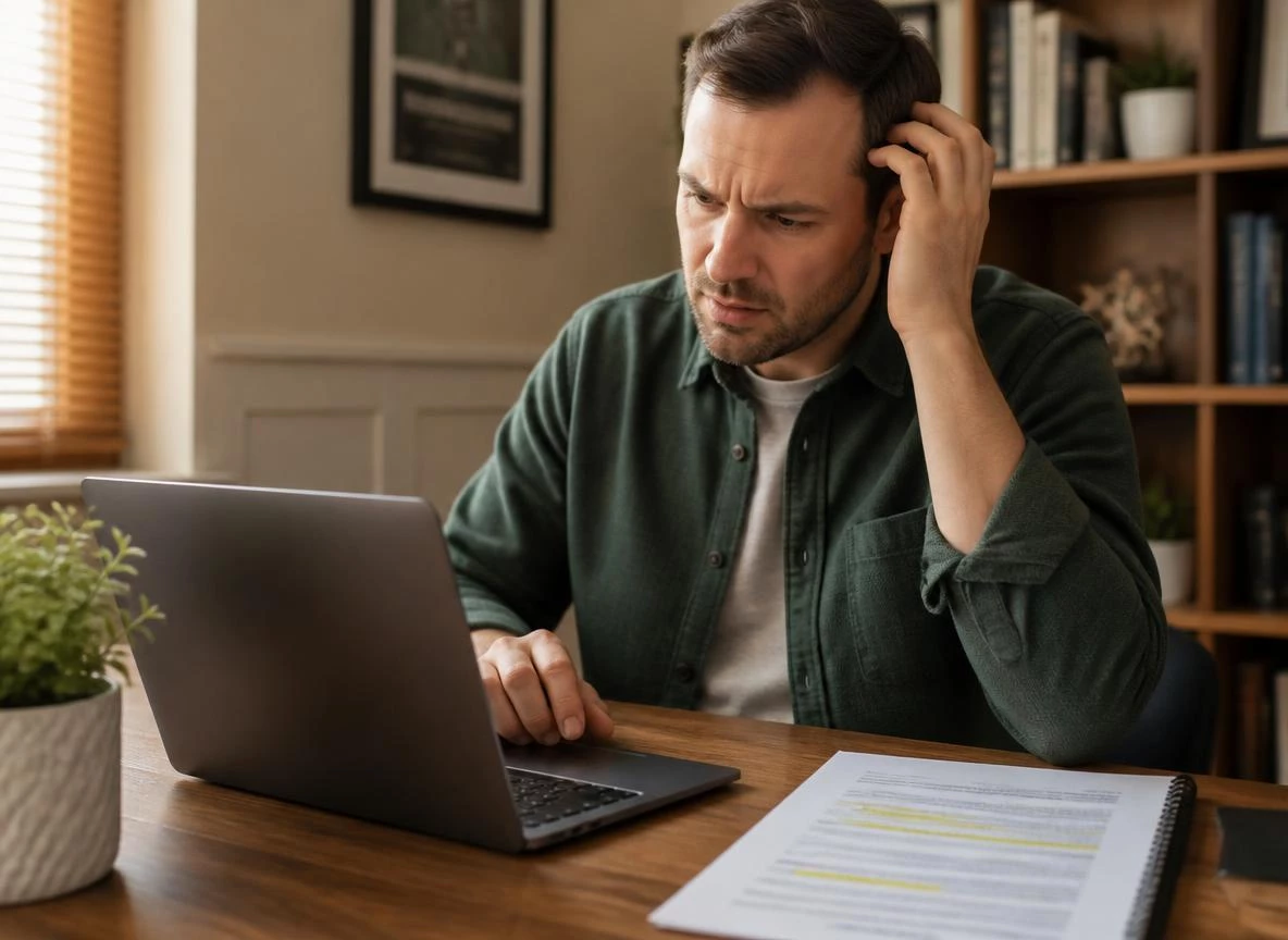 Confused digital seller at a home office desk reading a printed PLR license document with a highlighter, a laptop open beside them showing a digital product shop