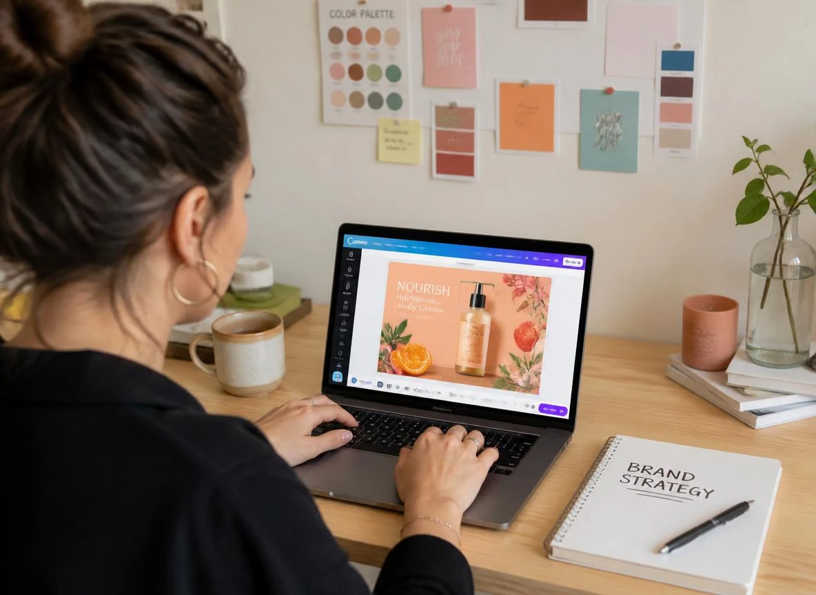 Focused creative at a home office desk rebranding a digital product in Canva, colorful new cover mockup visible on screen, brand color swatches and sticky notes on the wall behind them