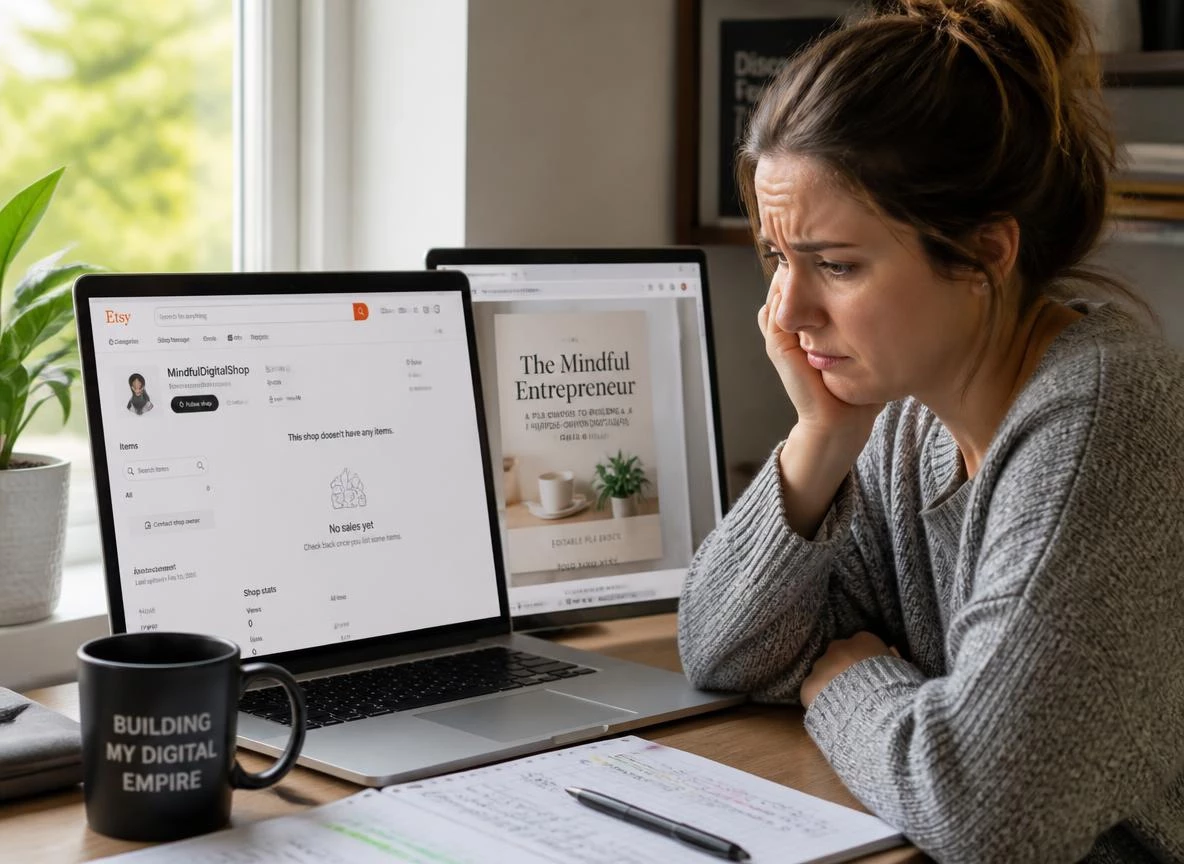 Disappointed digital seller at a modern home office desk staring at a laptop showing a brand new Etsy shop with zero sales and zero views, an untouched PLR ebook cover visible in a browser tab