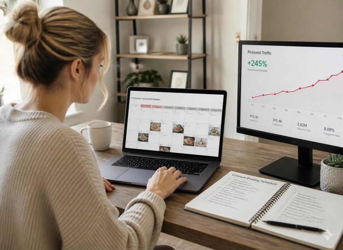 Focused digital entrepreneur at a bright home office desk managing a Pinterest content calendar on a laptop with a growing analytics graph showing monthly traffic increases on a second monitor