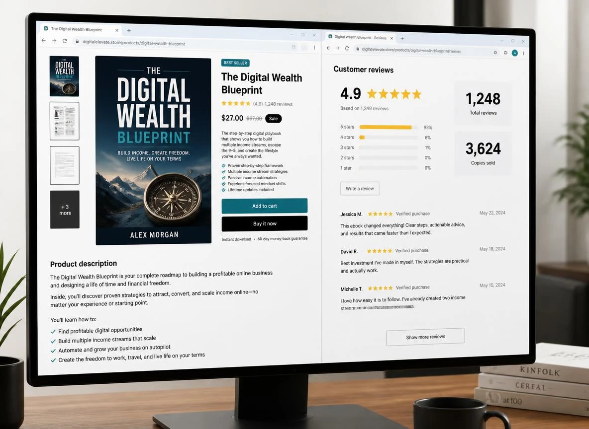 Professional digital product listing mockup on a large monitor showing a premium branded ebook cover with bold typography and a well-written product description with strong review ratings