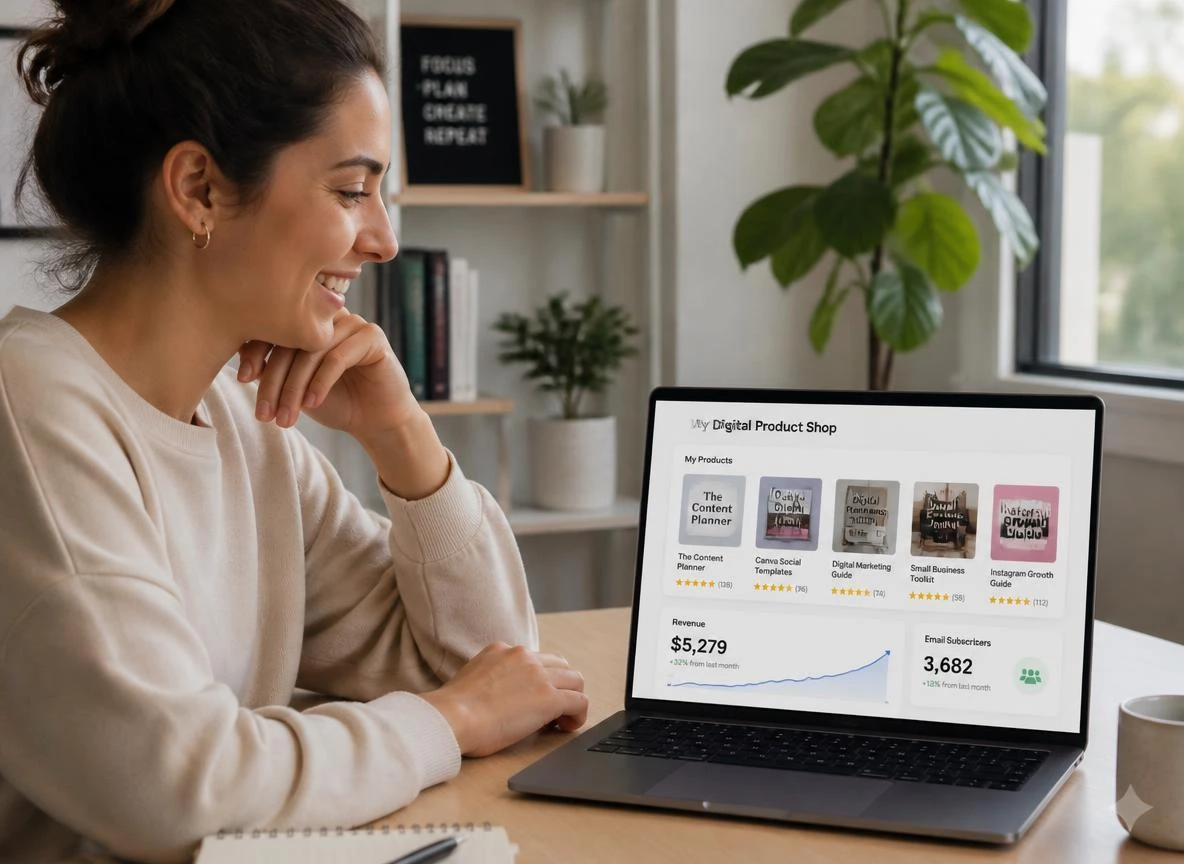 Smiling digital product seller at a clean desk reviewing a growing shop catalog on a laptop showing five branded product covers with review badges and a rising monthly revenue chart
